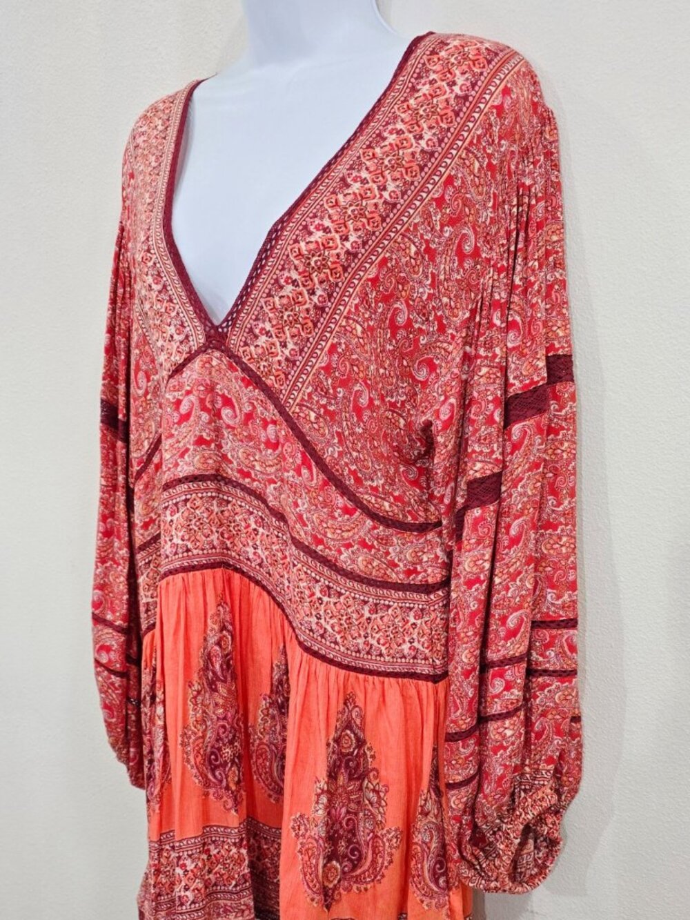 Free People ✦ Paisley Babydoll Tunic Dress ✦ Red Orange Oversized Boho Festival - Picture 5 of 13